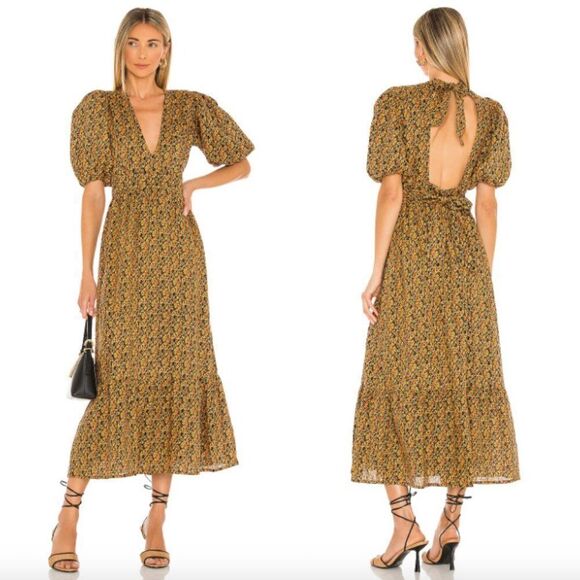 Faithfull The Brand brown orange floral linen Romilla tie back linen midi dress - Picture 1 of 6